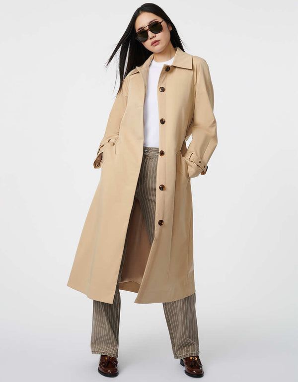 stylish below knee length light brown trench coat with belt crafted with recycled filler for modern women