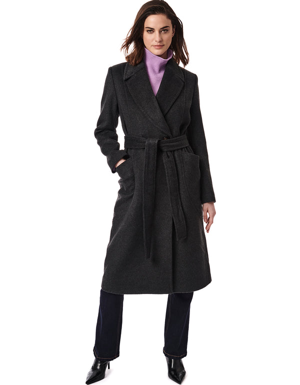 Style your fall and winter in a long belted womens coat crafted in a soft wool blend thats fully lined for extra warmth