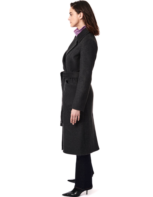 womens soho belted wool coat in dark heather gray color in a classic below the knee fit with belt