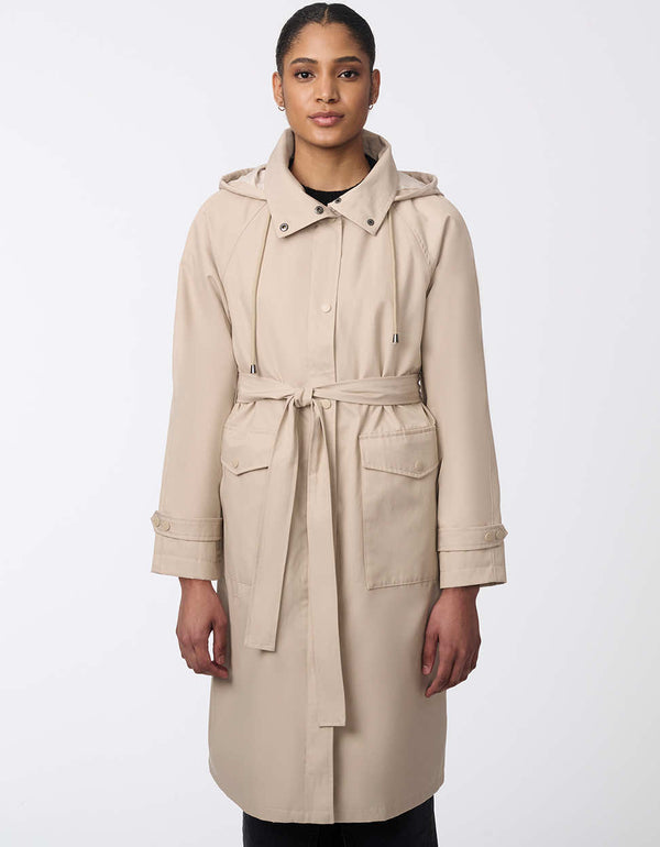 water resistant and lightweight modern trench coat with removable hood for women in taupe for your rainy days