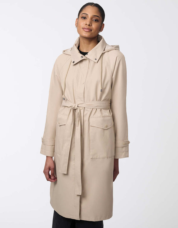 knee length stylish trench coat for women in a taupe colorway made with water resistant fabric and patch pockets