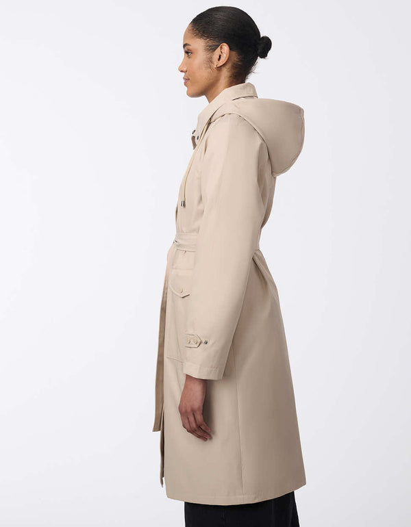 lightweight trench coat with removable hood for women in a light taupe color with adjustable buttoned cuffs