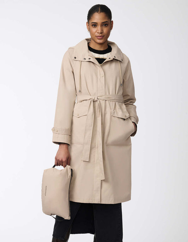 lightweight an packable modern hooded trench coat for women with button up enclosure and adjustable waist in taupe