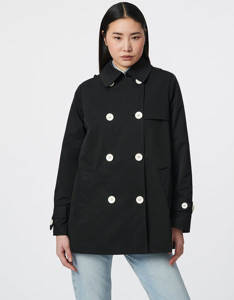 Classic Contrast Short Trench Coat for Women - Black - Bernardo