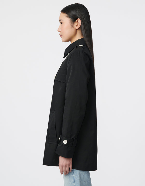 classic fit black short trench coat with flattering a line silhouette perfect for transitional weather