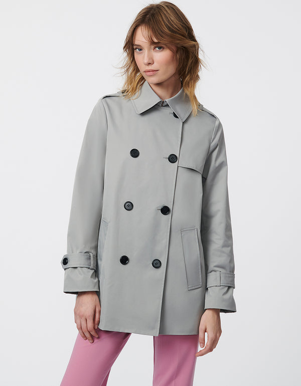 sustainable short trench coat designed for modern women in classic contrast style
