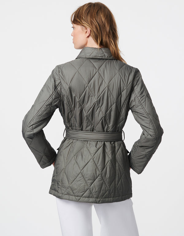 belted jacket for women in light green crafted for warmth and style and with recycled materials