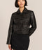 Women's genuine leather utility jacket with button-front closure and four flap pockets