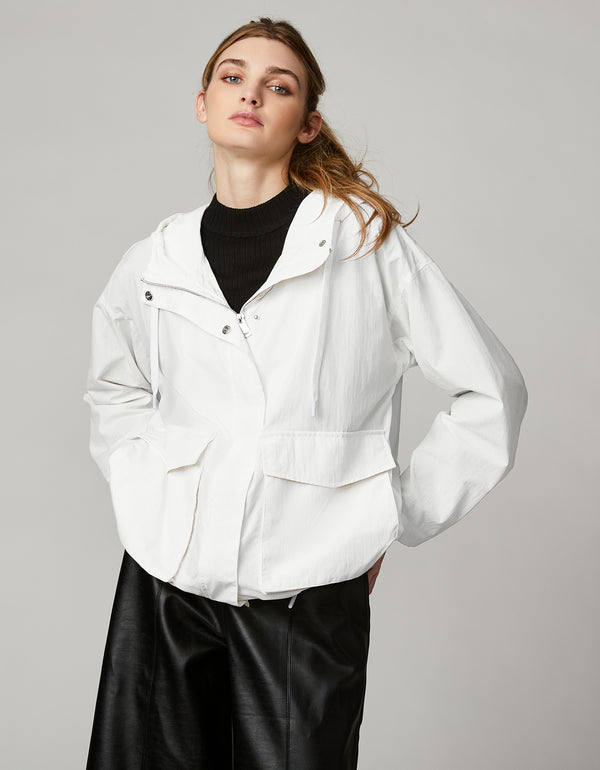 stylish white windbreaker with convertible drawstring bottom ideal for spring and summer