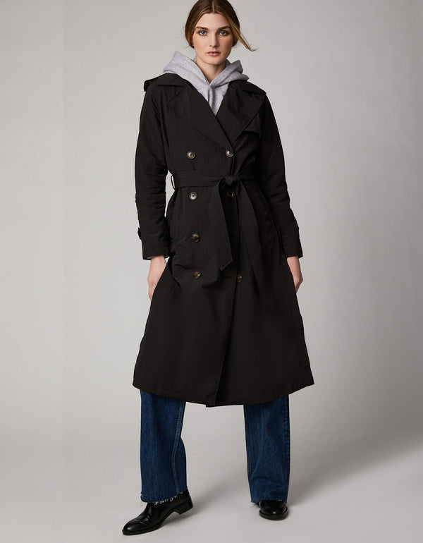 long trench coat for women in classic fit below knee length made from ecofriendly 100percent recycled nylon