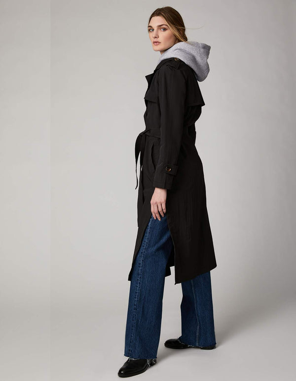 womens outerwear for spring and winter is this long trench coat in black made of eco friendly materials