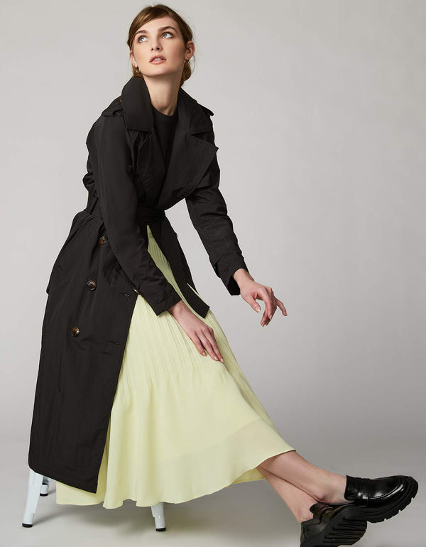 double breasted spring trench coat in black for women as business casual outerwear