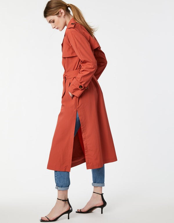 lightweight double breasted spring trench coat in pink orange hard to miss color for women as business casual outerwear