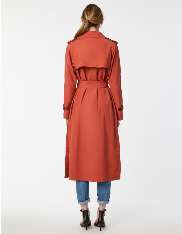 womens outerwear for spring and winter is this lightweight long trench coat in fashionable pink orange made of eco friendly materials