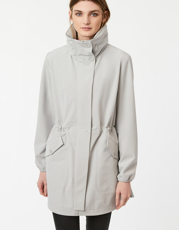 tailored drawstring waist enhances the classic fit of this pearl grey raincoat