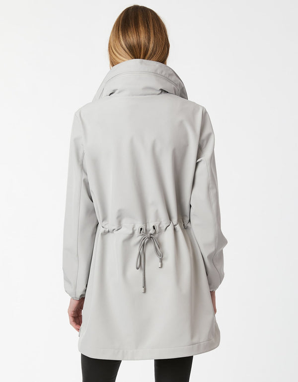 pearl grey womens raincoat with custom fit features and stylish two-toned tied cord back