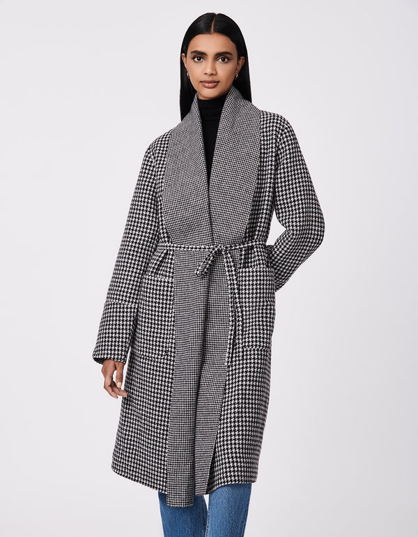 long wool winter coat for women in black and white classic houndstooth pattern with mini gingham checks down the long lapel