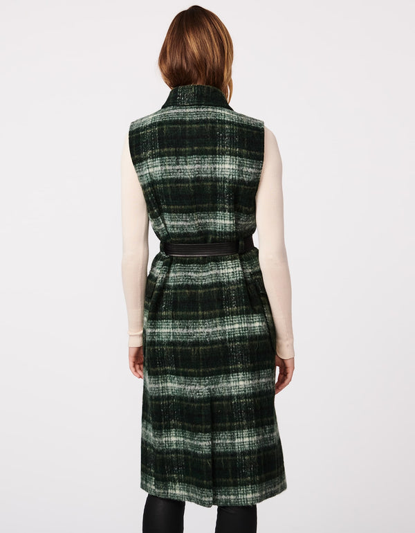 womens winter clothing green long plaid wool vest with pockets in below the knee length classic fit with belt