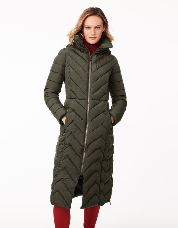 green colored semi fitted below the knee length ladies long puffer coats with hood heavy winter with non bulky filler and removable hood