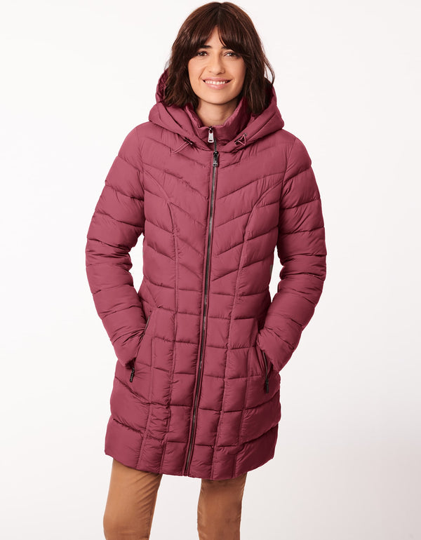 light red stylish puffer coat with hood and a zip off bib with ecoplume sustainable filler