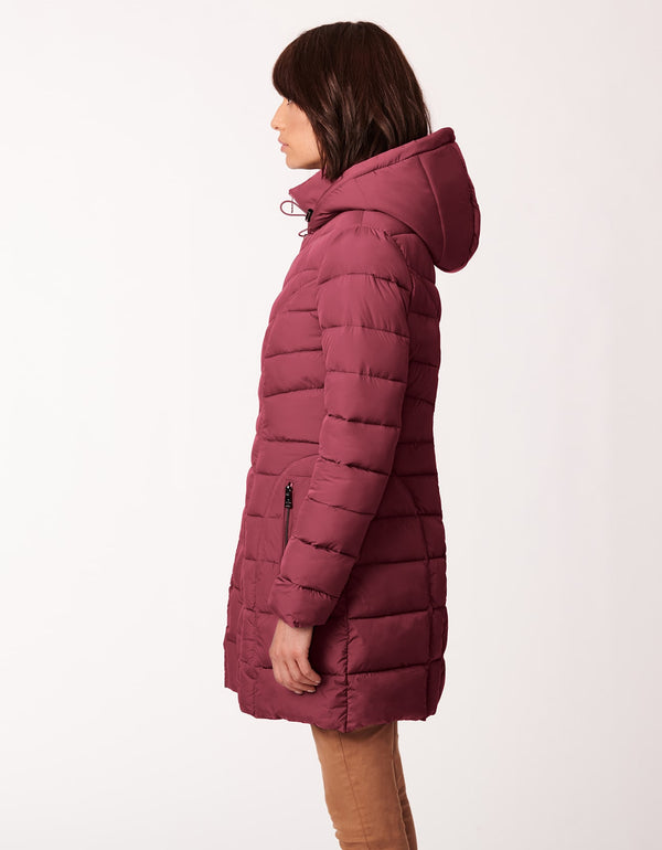 light red trendy puffer coat jacket made with 100percent recycled insulation for chilly weather designed for maximum movement and comfort