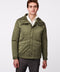 mens puffer jacket made for movement with utility pockets and Ecoplume insulation in olive green