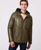 mens olive hooded puffer jacket with a touchable texture and glossy shine that is sure to be a statement piece
