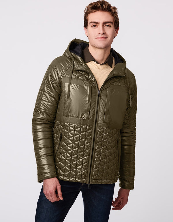 mens olive hooded puffer jacket with a touchable texture and glossy shine that is sure to be a statement piece