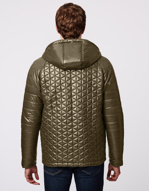 quilted puffer jacket for men with drawstring hood and vertical zippers in the chest and hand pockets 