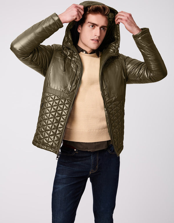 insulated puffer jacket mens with a futuristic cool vibe and four functional zipper pockets