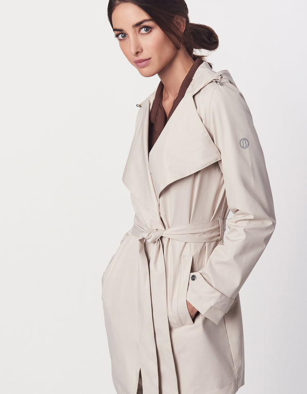 classic silhouette trench coat with belt detail hood and oversize lapels ultra lightweight