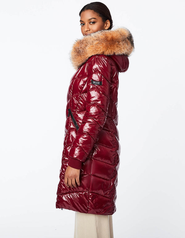 lightweight warm winter jacket for women with faux fur trimmed hood and knit cuffs