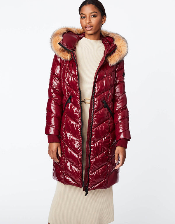 dark ruby colored puffer coat for women for sale during this years winter with two way zip front and zip pockets