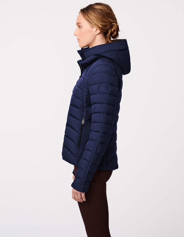 slim fit hip length packable slim fit double up hooded puffer jacket made of breathable sustainable materials in medium dark shade of blue
