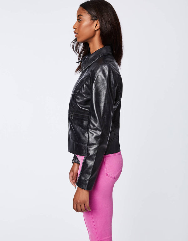 outfits for women during winter hip length black leather jacket perfect for casual hangouts with friends