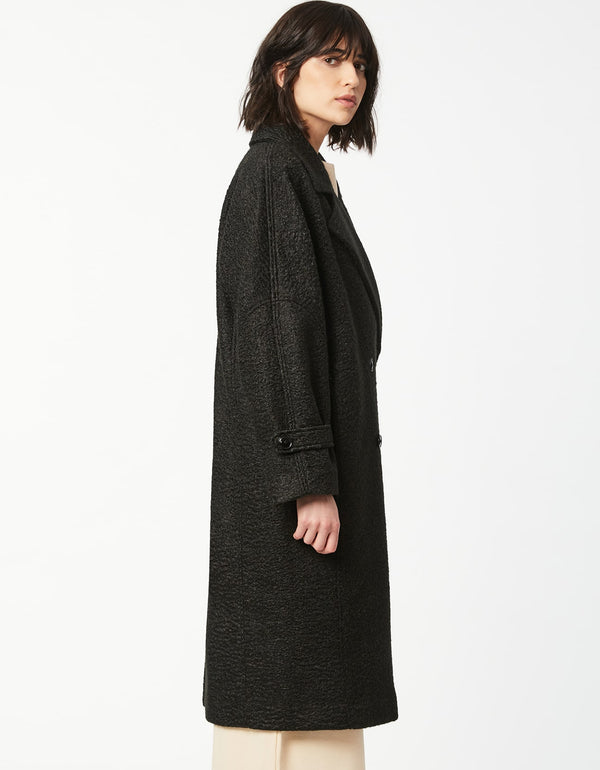 womens wool coat in black color with oversized notch collar and button tab cuffs for every fashionista