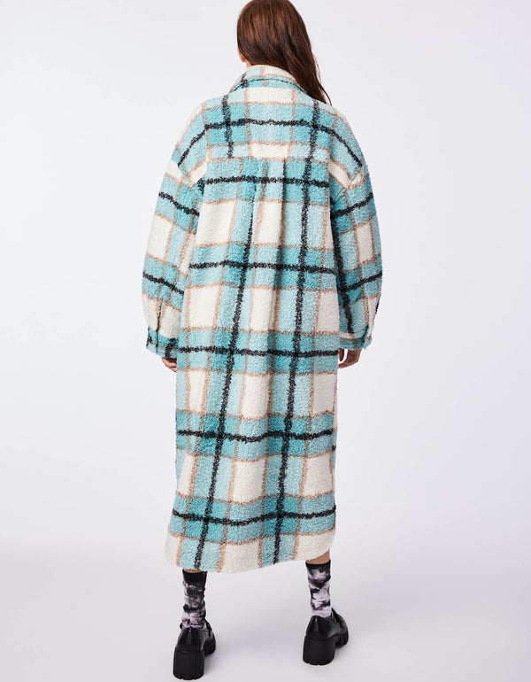 oversized aqua plaid wool shacket from exclusive bernie collection from Bernardo Fashions