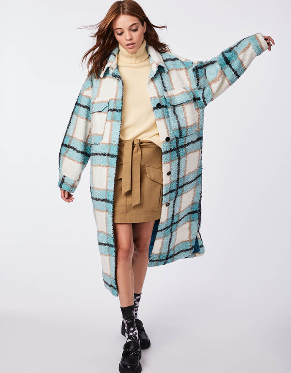 oversized aqua plaid outerwear wool shacket that is a crossover between a jacket and a shirt