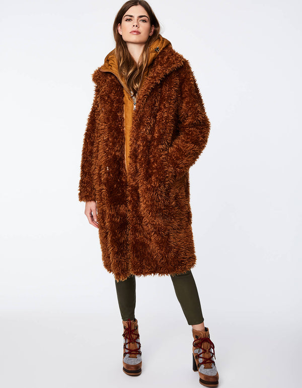 unreal brown fur double up coat for women with a faux fur design and attached zip up down vest and bungee drawstring hood