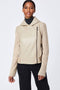 moto inspired ribbed sleeve vegan leather sweater with ribbed waist in cream alpaca color for women