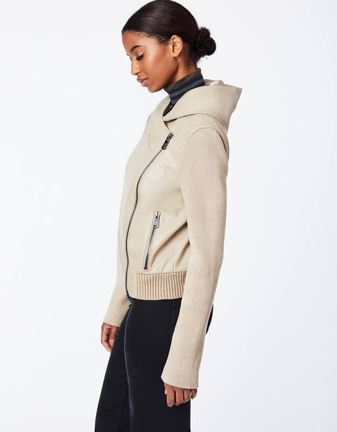 vegan leather hooded jacket with full zip enclosure and ribbed sleeves in alpaca cream color for women