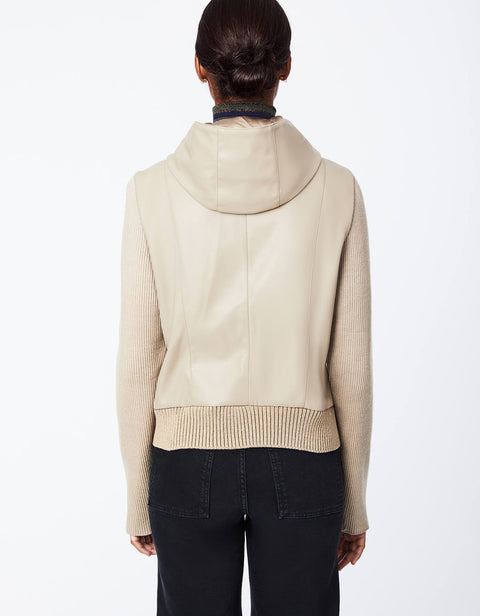 vegan leather jacket with leather hood and ribbed sleeves and waist for women in cream alpaca color