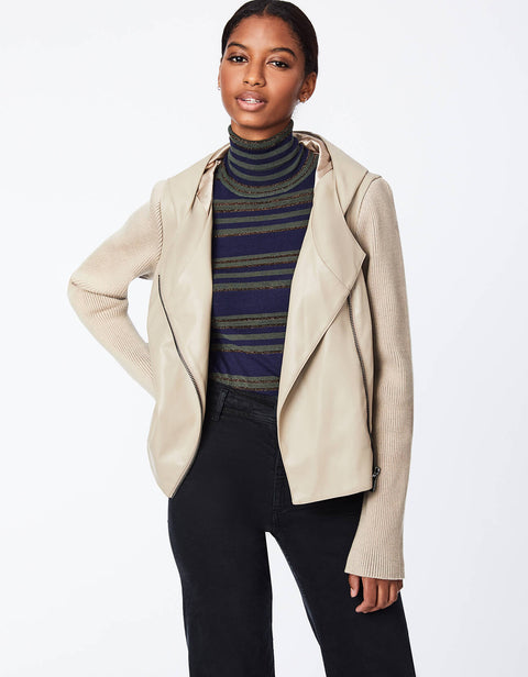 full zip hooded vegan leather jacket in alpaca cream color with ribbed detailing for women