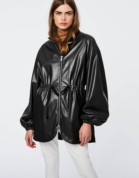 trendy and aesthetic winter wear for women in color black with ribbed collar and elastic drawstring waist 