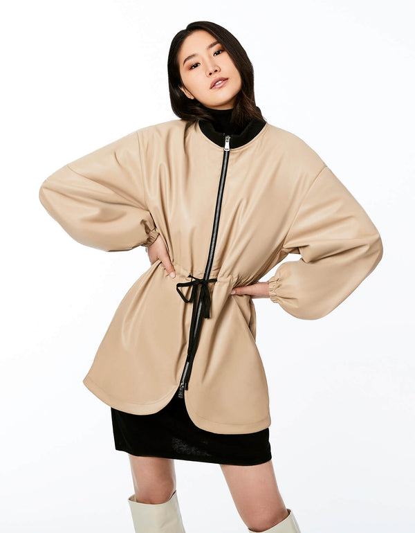 casual and trendy outerwear options for fall to spring in color brown with ribbed collar and drawstring waist