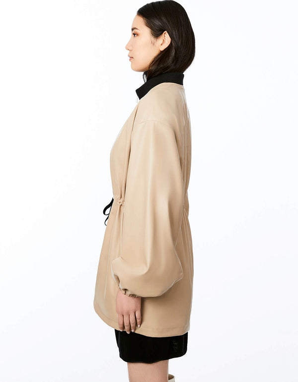 hip length fit sleeve outerwear in color cappuccino made from cruelty free and exclusive of trim materials