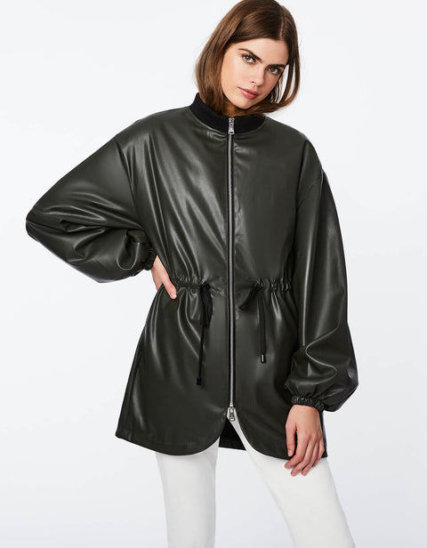 black sleeve jacket for women with faux leather silhouette drawstring waist and puff sleeves 