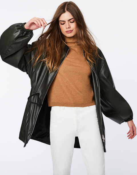 shop online stylish black outerwear for early winter season for women with rounded hem cinched cuffs and ribbed collar