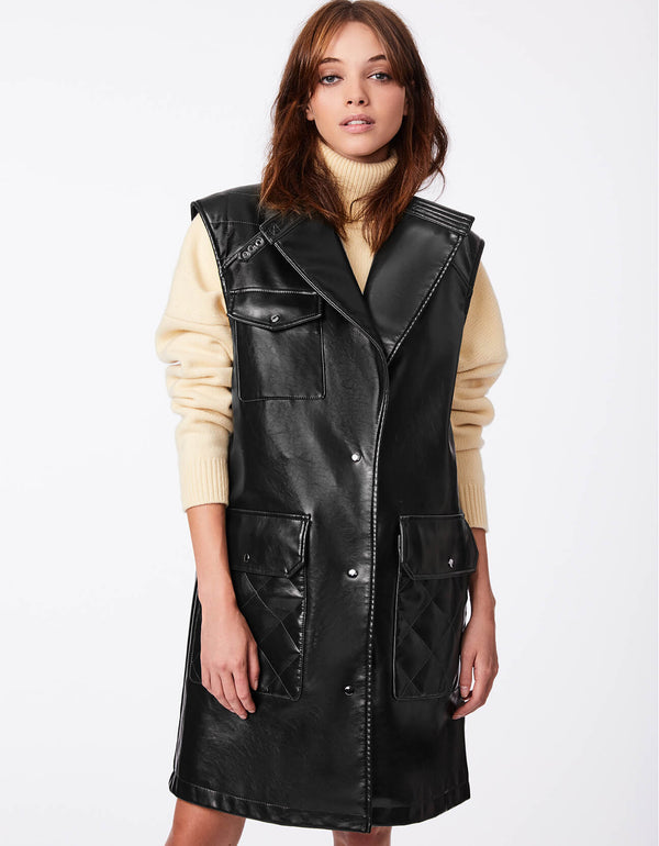 womens dressy winter vest in black made of vegan leather with belt buckle neck tab and snap front