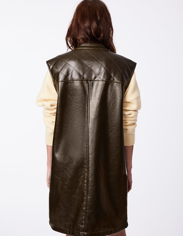 fashion for the winter womens vest in dark brown made of vegan leather with belt buckle neck tab and snap front